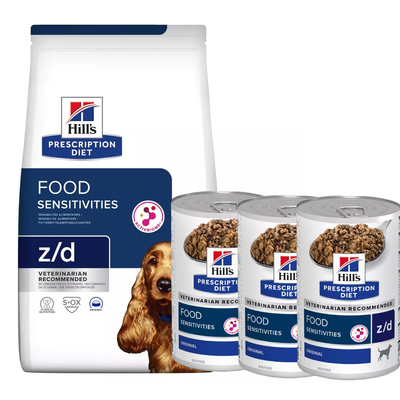 Hill's PD Prescription Diet Canine z/d Food Sensitivities 10kg + 3x can z/d Food Sensitivities 370g/ lejárati idő 31.07.2024 INGYENES!