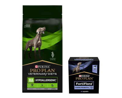 PURINA Pro Plan Veterinary Diets HA Hypoallergén kutya 11kg + PRO PLAN FortiFlora probiotikus étrend-kiegészítő kutyáknak 30 x 1 g