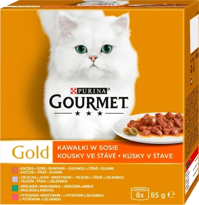 Purina Gourmet Gold darabok szószos keverékben (kacsa, pisztráng, nyúl, borjú) 8x85g