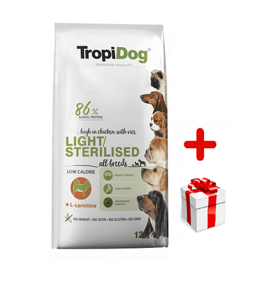 Tropidog Premium Light sterilizált csirke rizzsel 12kg + meglepetés a kutyádnak